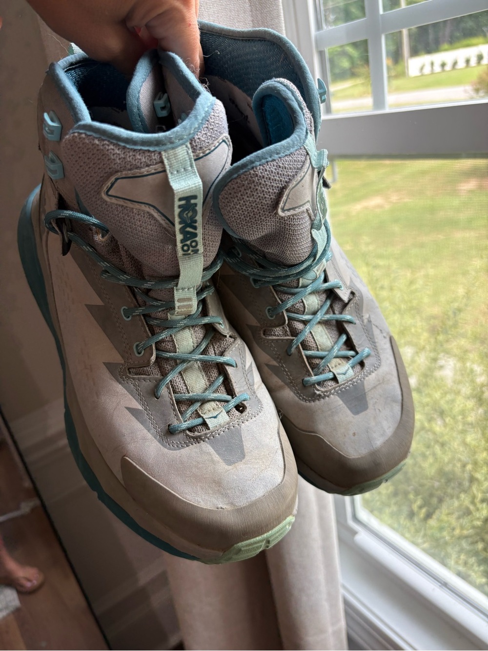 Hoka Women's Lace-Up Hiking Boots in Light Gray and Teal - Picture 3 of 9